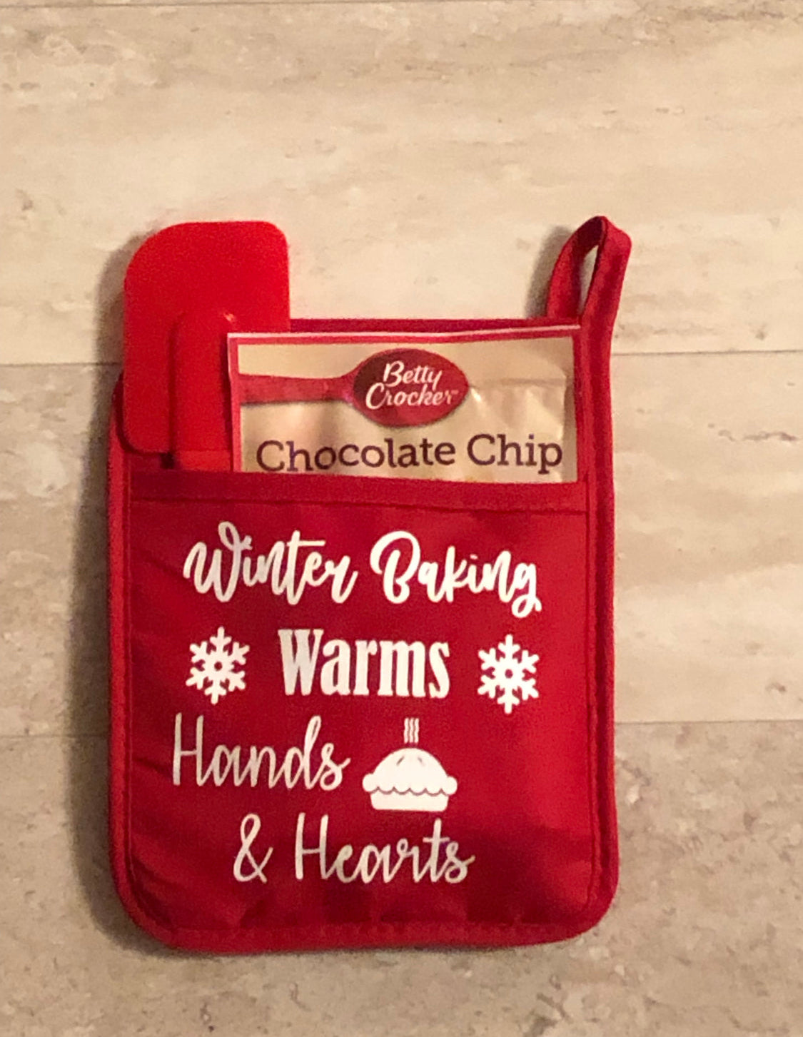 Christmas winter Holiday cooking pot holder, spatula and baking mix bundle