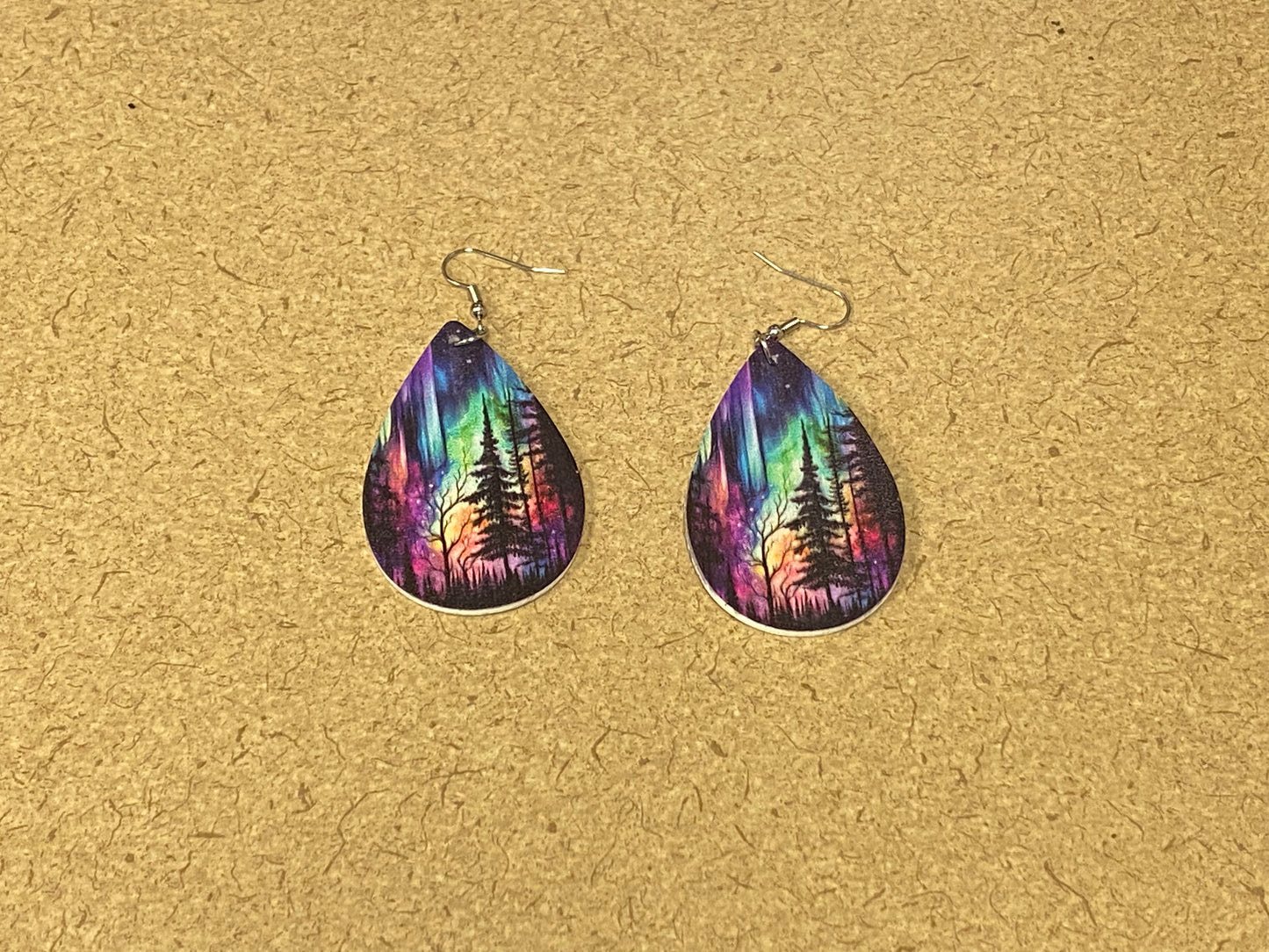 Aurora borealis Forest scene Montana faux leather tear drop earrings