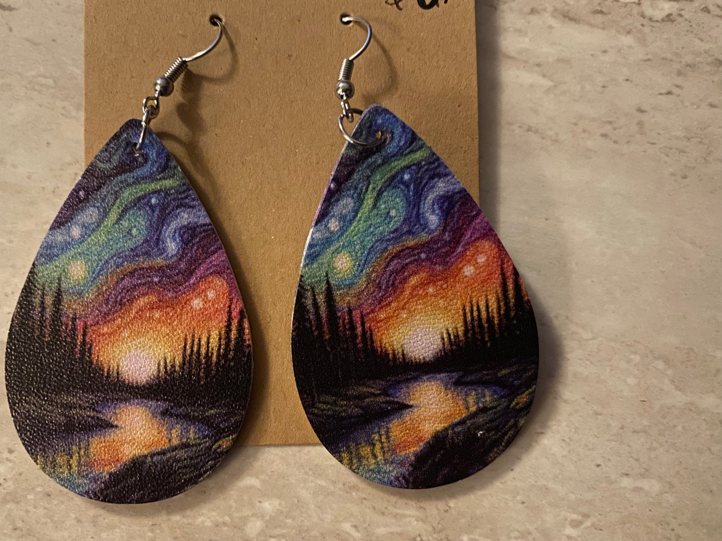 Aurora borealis Forest scene Montana faux leather tear drop earrings