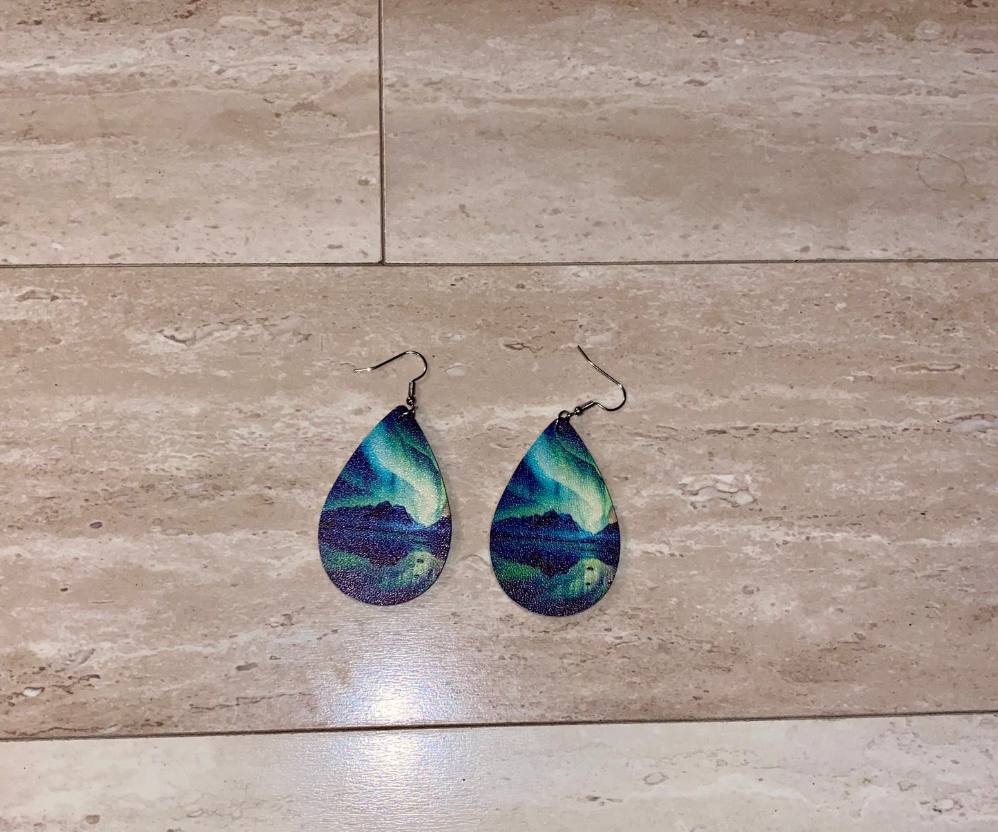 Aurora borealis Forest scene Montana faux leather tear drop earrings