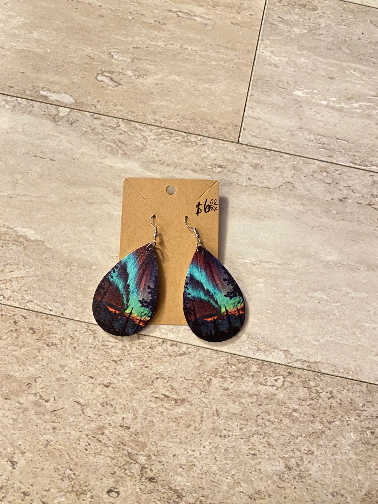 Aurora borealis Forest scene Montana faux leather tear drop earrings