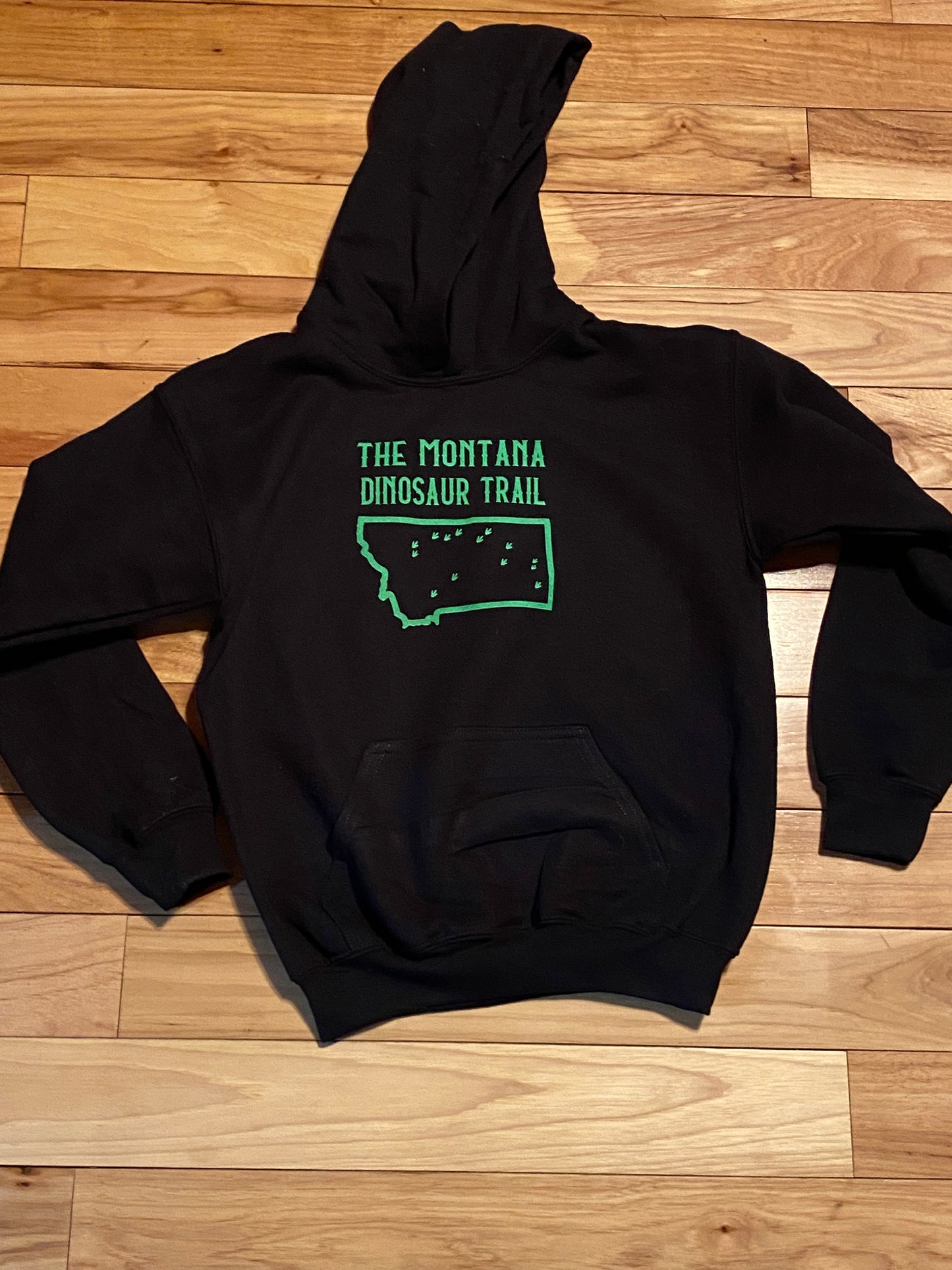 Montana dinosaur trail map youth hoodie, dinosaur dig, museum sites, fossils