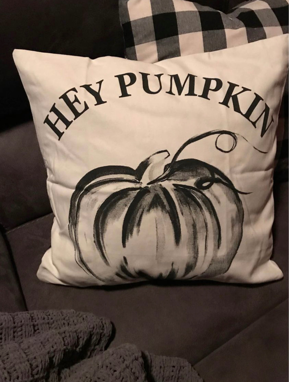 Hey Pumpkin Fall throw pillow cover black and white plaid Buffalo check