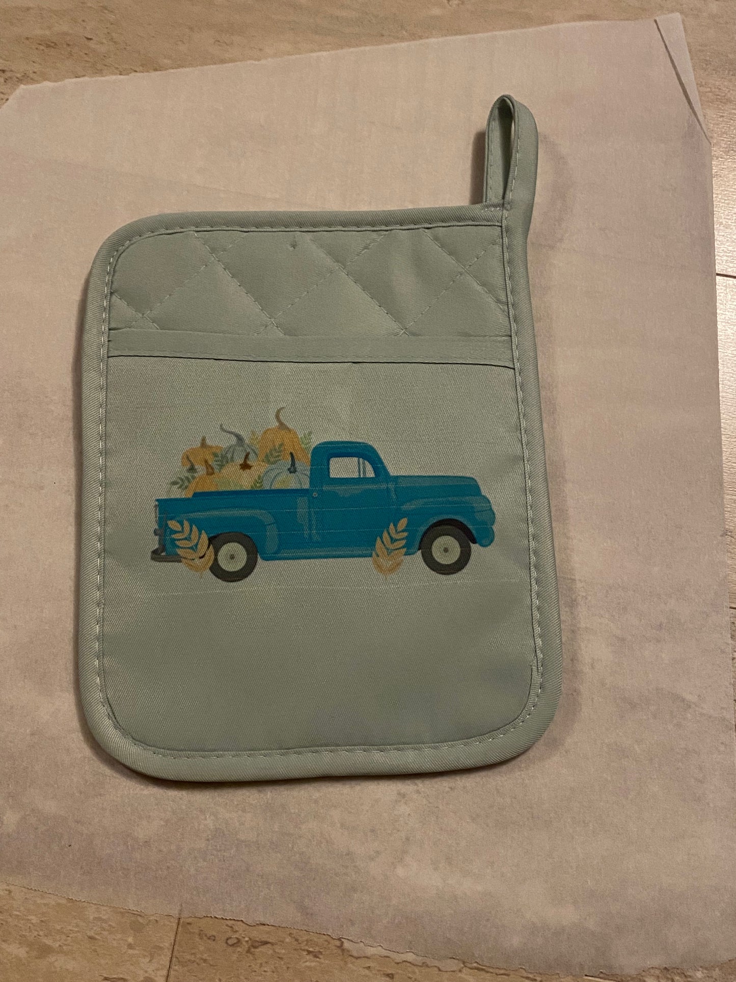 Teal farm truck with pumpkin haul Fall Autumn pot holder