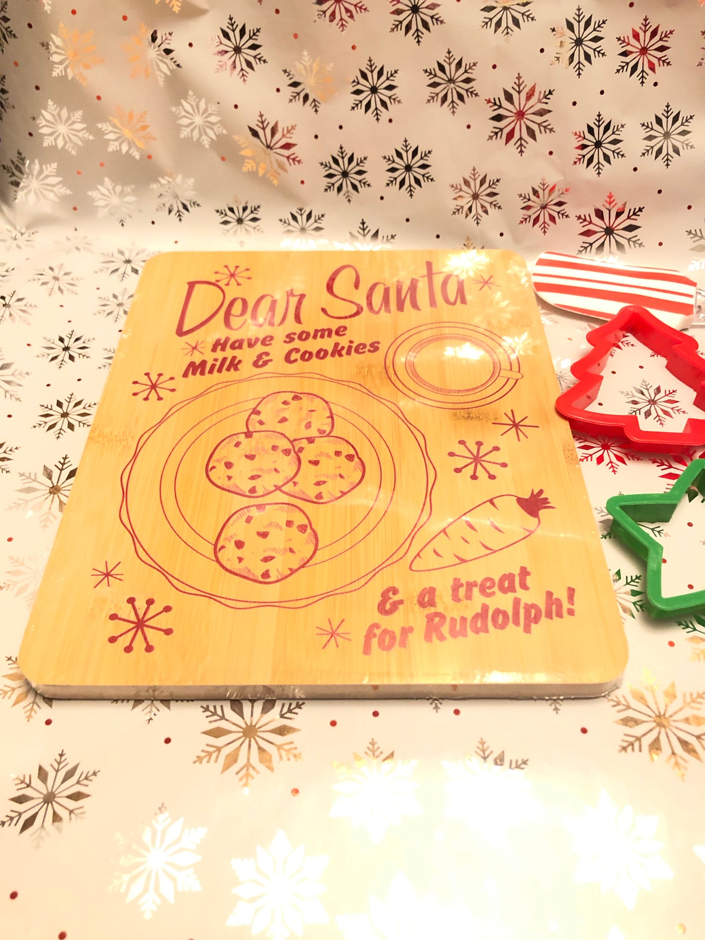 Christmas Cookies For Santa Bundle tray: decorative oven mitten, cutting board, silicone spatula and cookie cutters