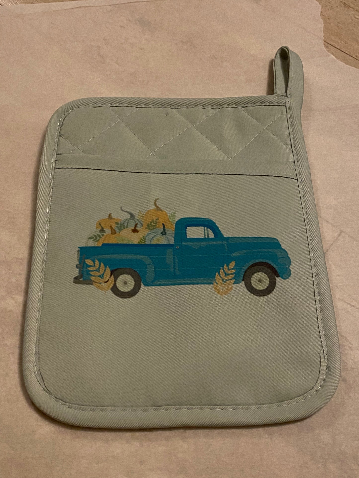 Teal farm truck with pumpkin haul Fall Autumn pot holder