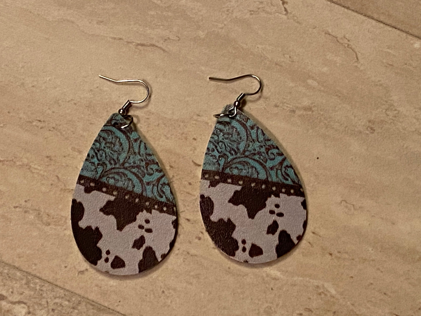 Western cowhide turquoise stencil leather faux leather teardrop earrings