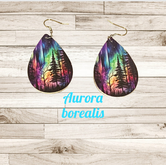 Aurora borealis Forest scene Montana faux leather tear drop earrings