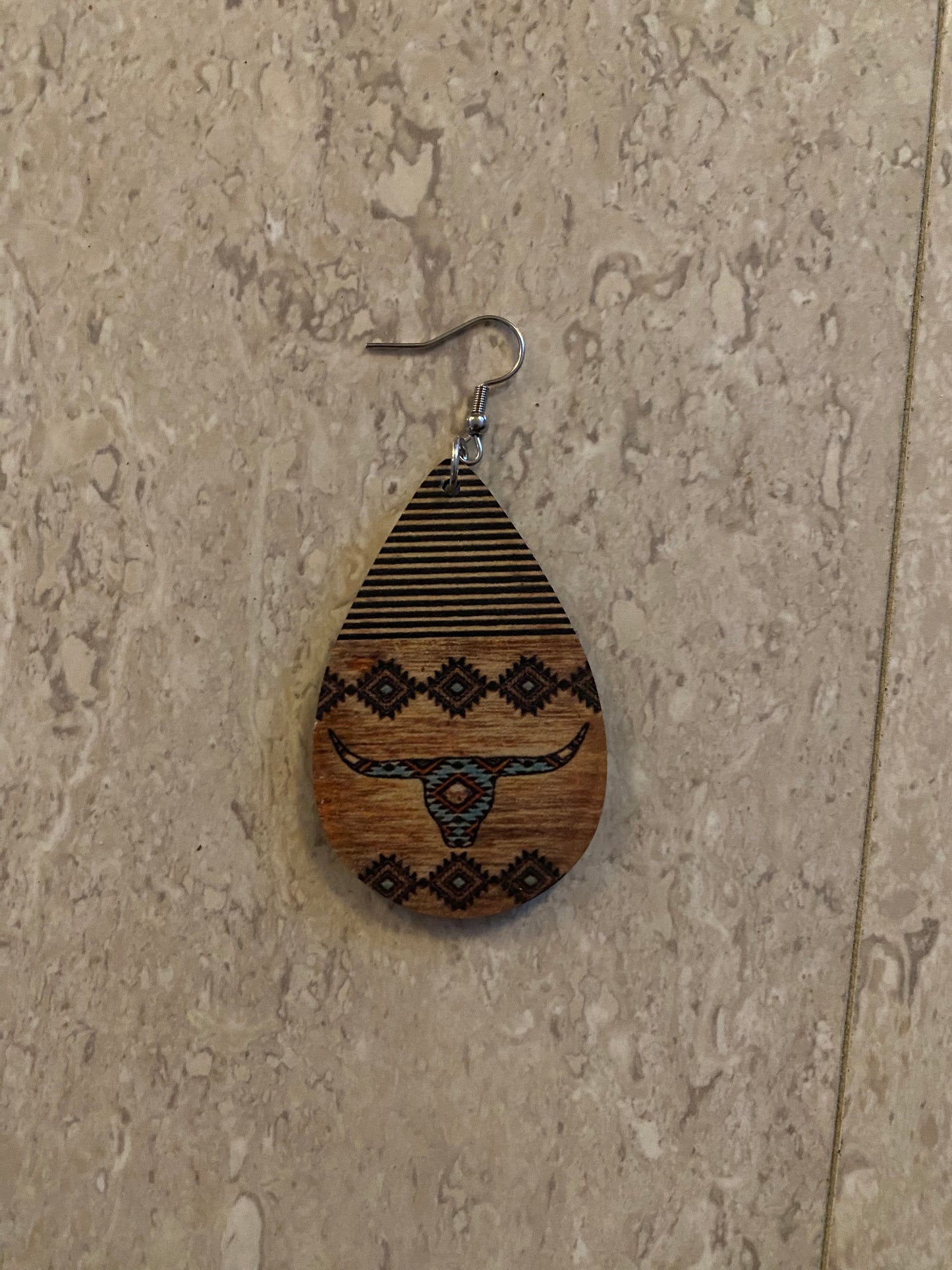 Western longhorn cow tribal turquoise Wooden tear drop earrings