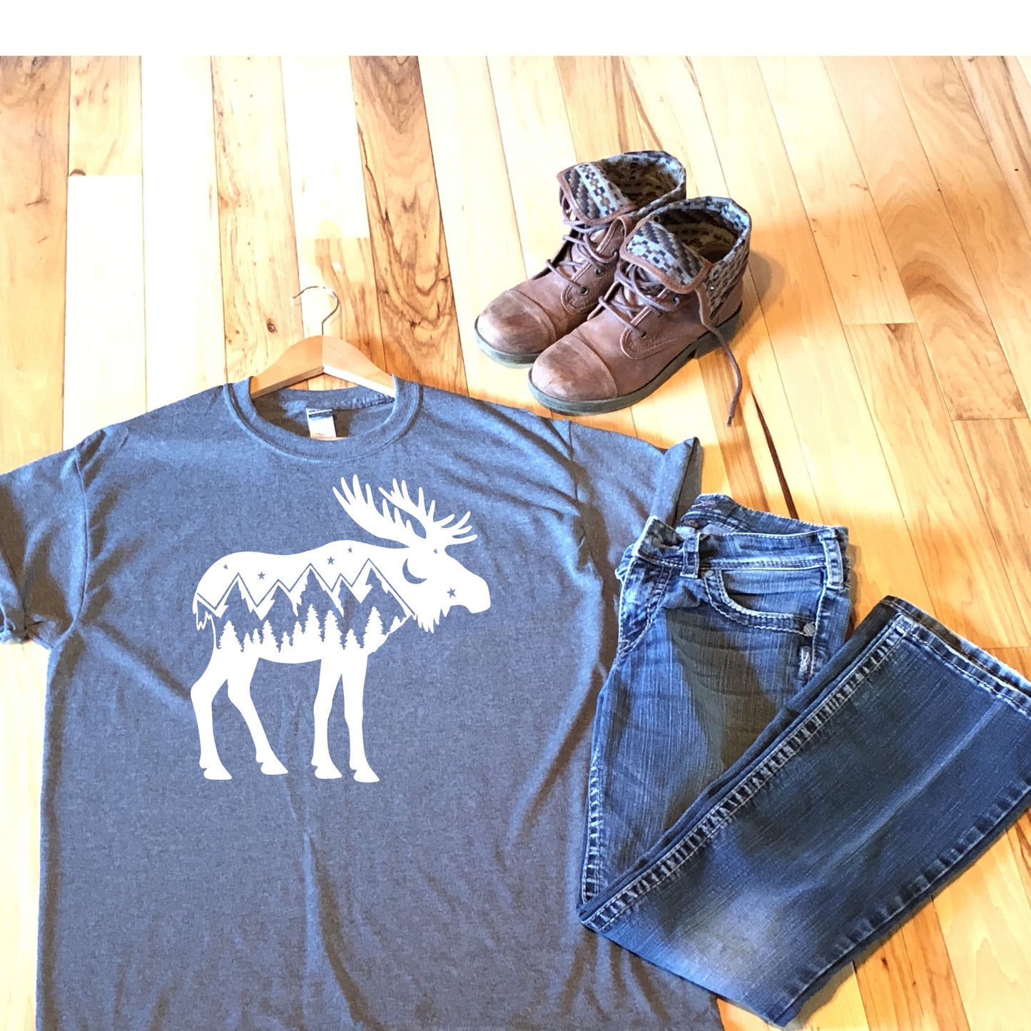 Moose Mountain scene, wild Montana, wild Alaska scene t-shirt, short sleeve hiking shirt