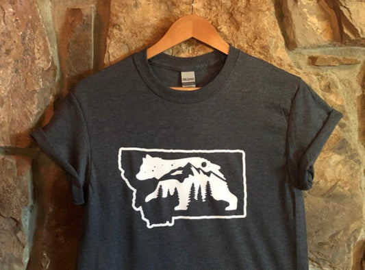 Montana state Bear mountain scene shirt on dark gray
