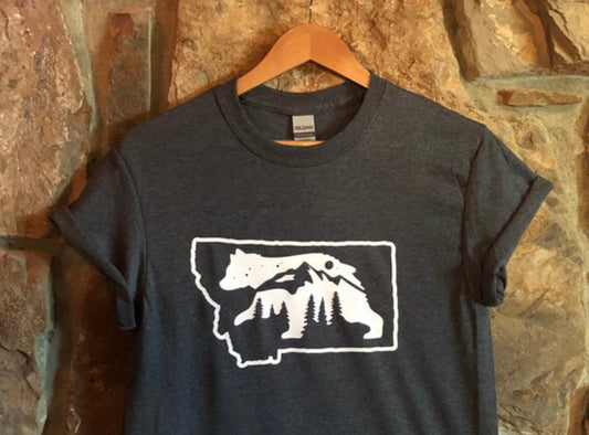 Montana state Bear mountain scene shirt on dark gray