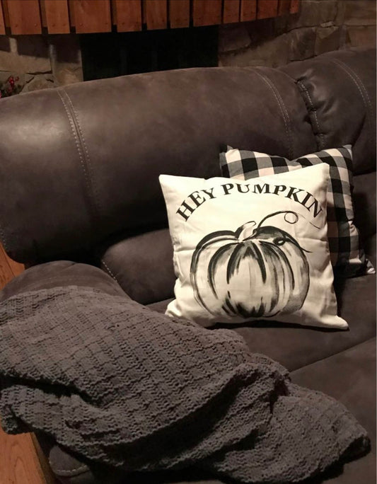 Hey Pumpkin Fall throw pillow cover black and white plaid Buffalo check