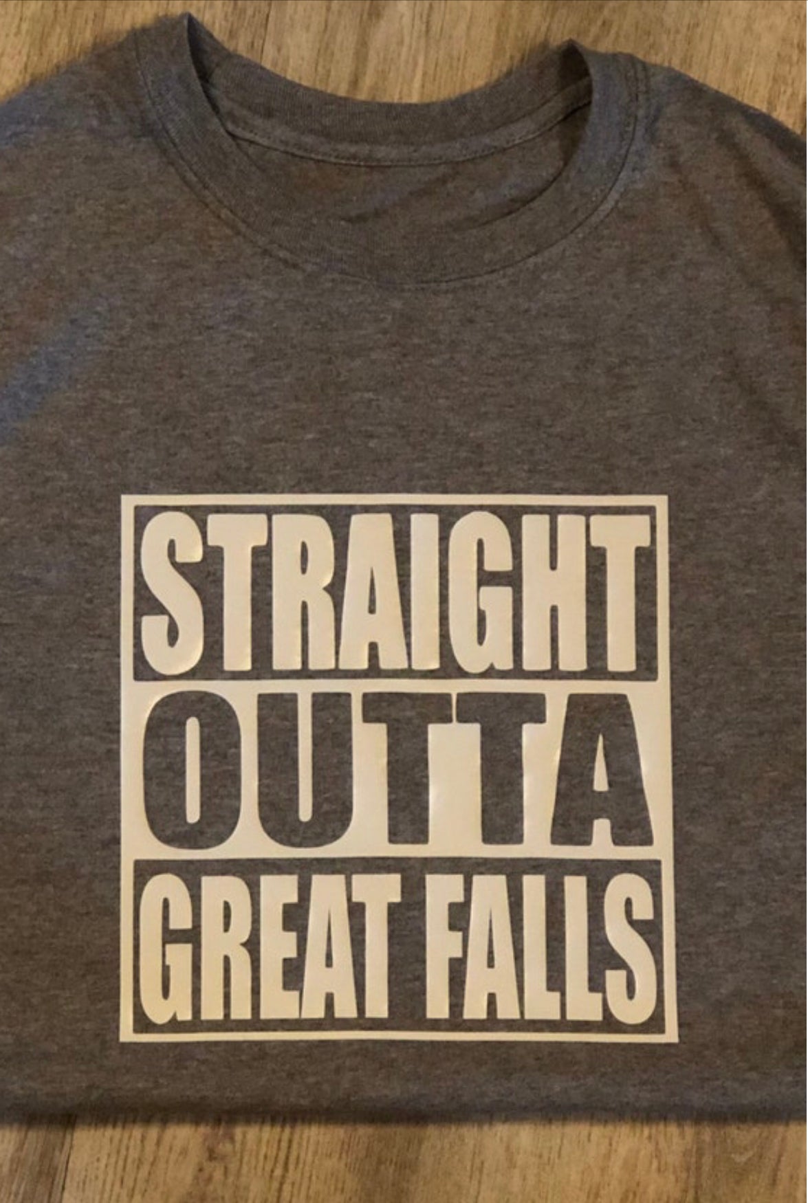Straight Outta Great Falls Funny Montana t-shirt, Gray