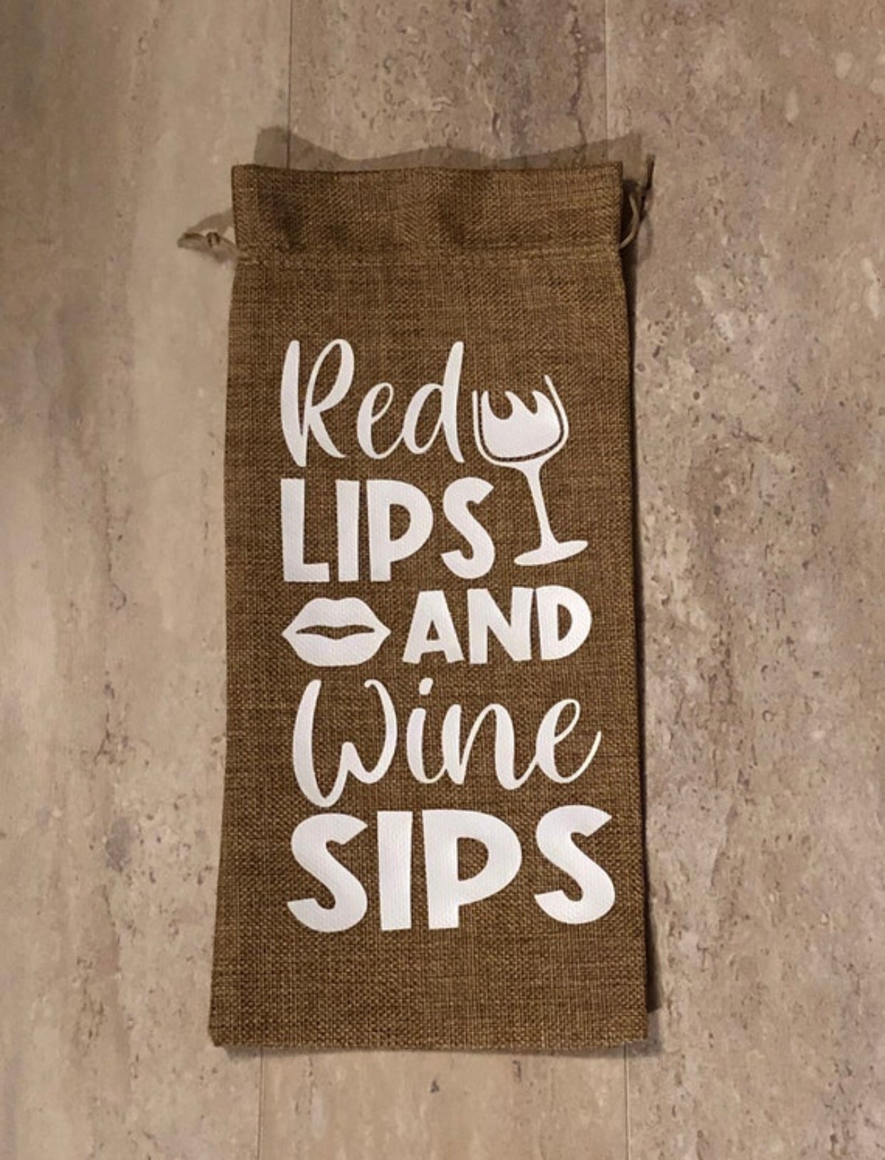 Red Lips and Wine sips burlap wine gift bag