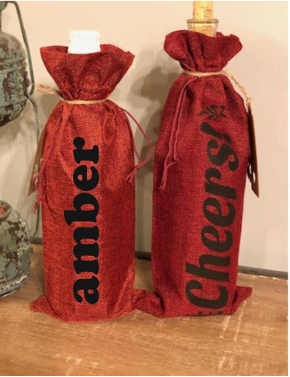 Merlot personalized Cheers burlap wine gift bag