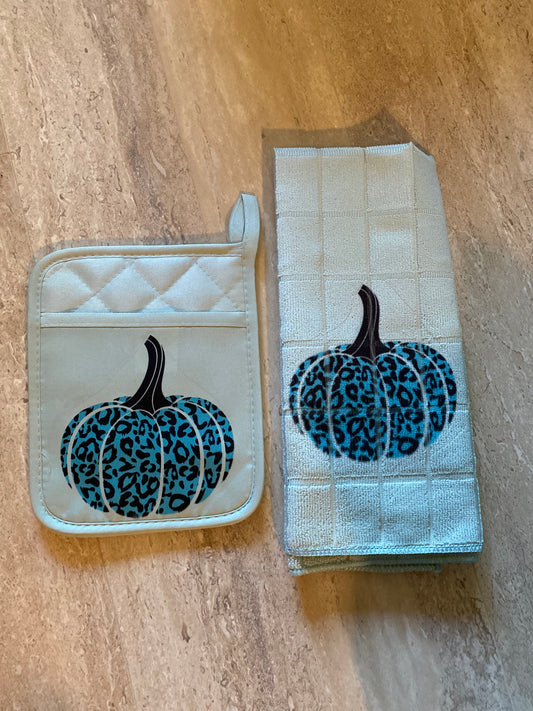 Teal pumpkin leopard print kitchen set, pot holder and dish towel