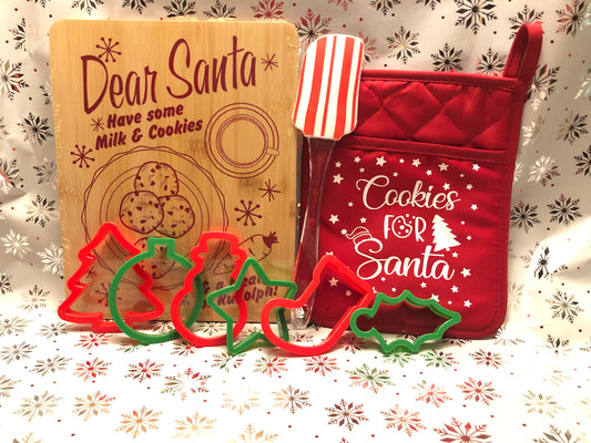 Christmas Cookies For Santa Bundle tray: decorative oven mitten, cutting board, silicone spatula and cookie cutters